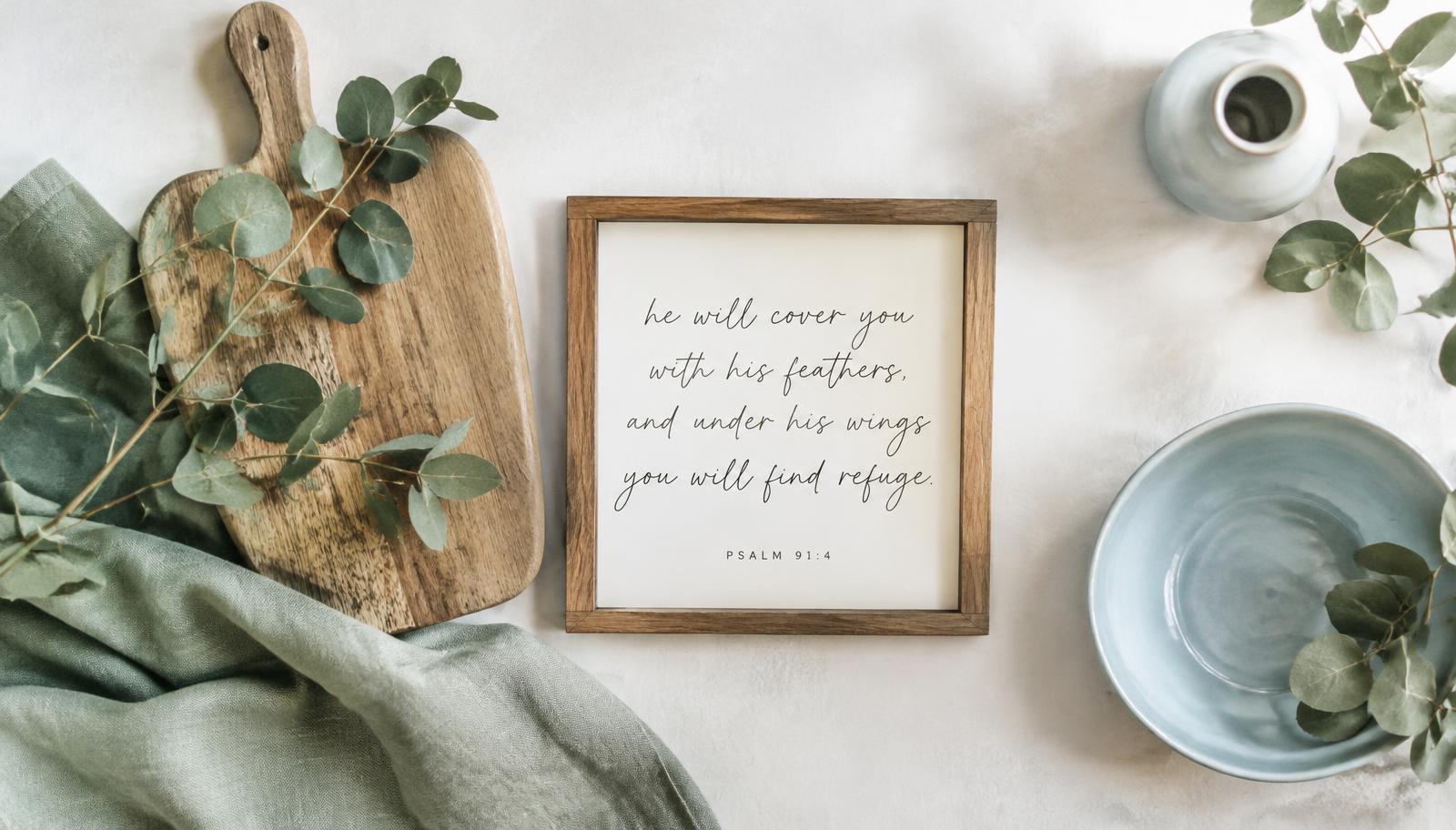 Printed décor displayed with greenery